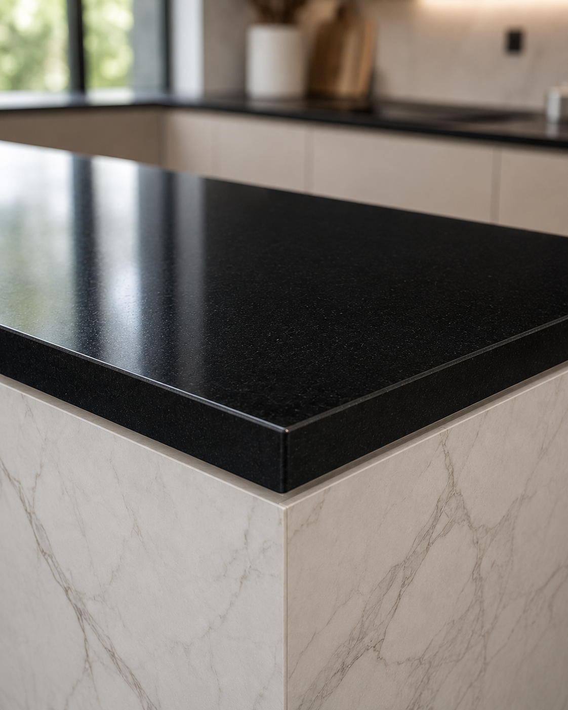 Dark polished stone kitchen worktop on a light base