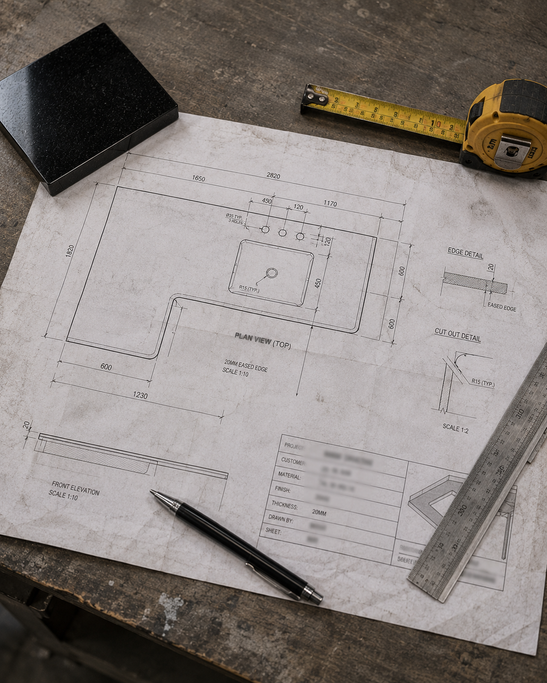 Dimensioned drawing, dark stone sample, and measuring tools