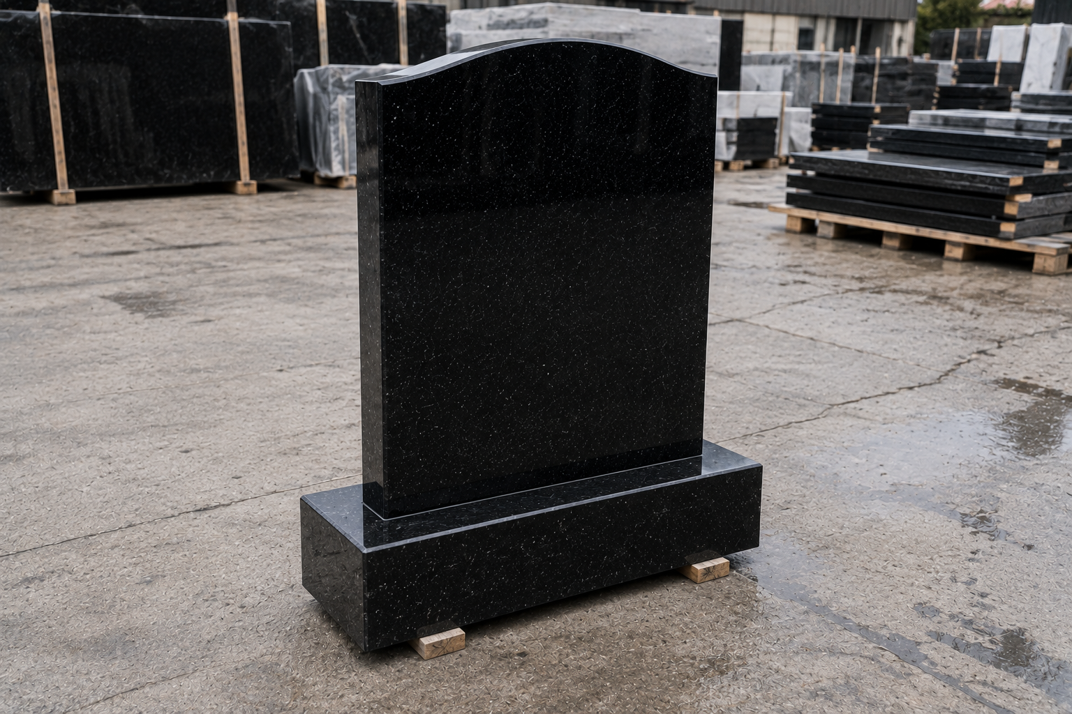 Upright black stone memorial on a rectangular base