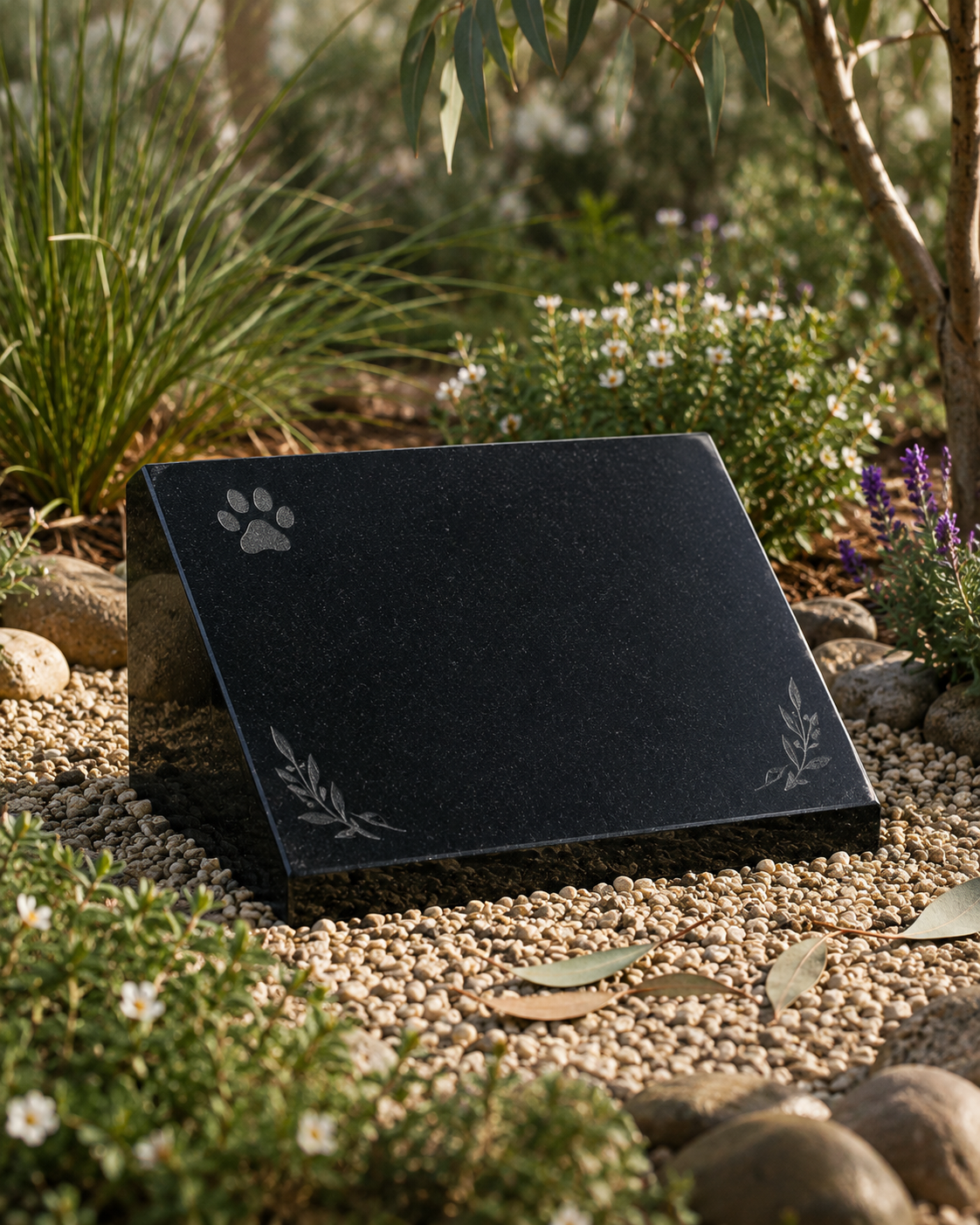 Sloping black pet memorial with a paw-print motif in a garden