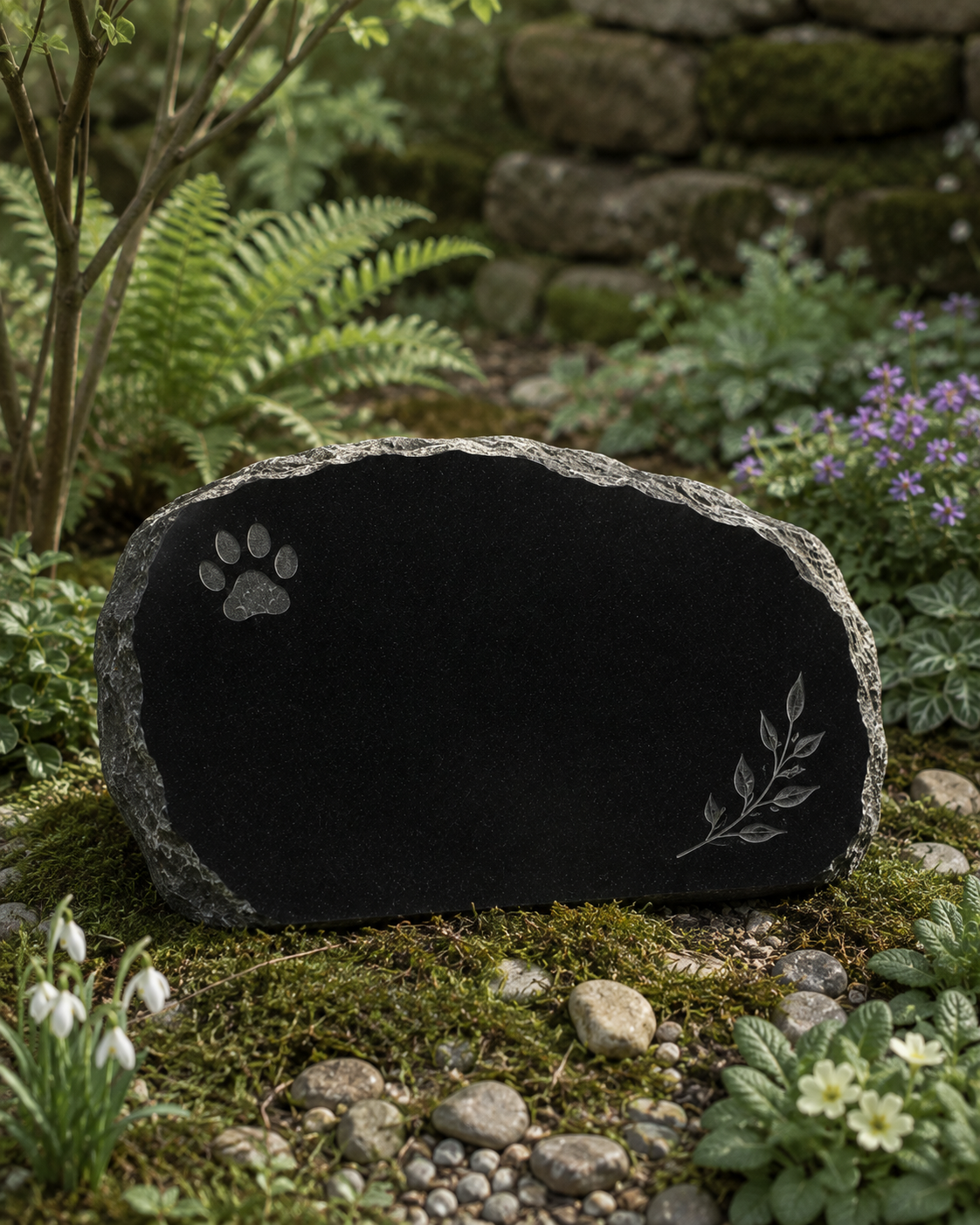 Rough-edged dark stone pet memorial with paw-print and leaf motifs in a garden